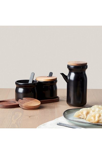 IKEA HULDHET Spice jar with tray, set of 3, ceramic/black