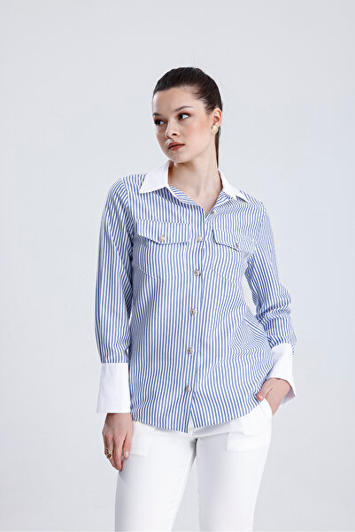 MD trend Жіноча сорочка в смужку з кишенями