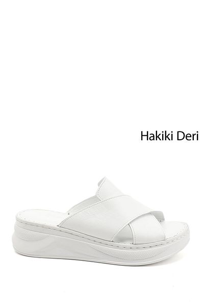 GÖNDERİ(R) Women / Girls White Cross Banded Wedge Heeled Genuine Leather Comfort Slippers