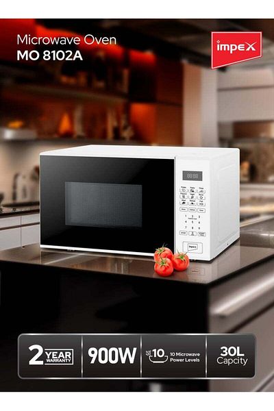 İMPEX فرن ميكروويف رقمي 30 لتر، MO8102A، 900 واط، باب زجاجي بزر ضغط، أبيض، قوائم متعددة