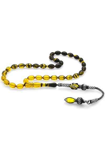 Tesbihane 1000 Sterling Silver Kazaz Tasseled Barley Cut Straining Yellow-black Fire Amber Prayer Beads