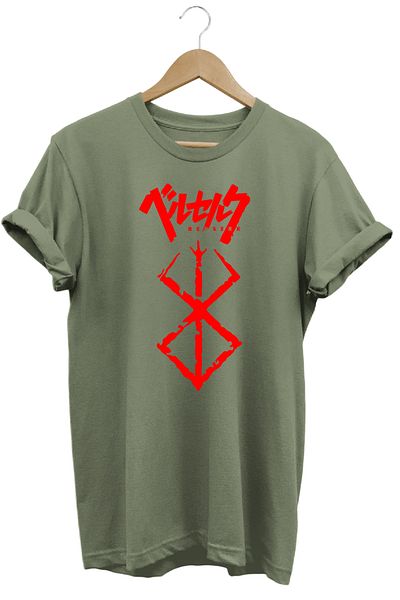 remonz Μπλουζάκι Berserk Symbol Anime με μοτίβο με κοντό μανίκι βαμβακερό λαιμόκοψη χακί