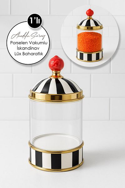 Anadolu Saray Porcelain Vacuum Black and White Line Design Large Jar Oversized Food and Pulses Jar - 1 PCS