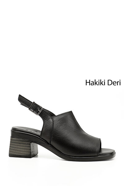 GÖNDERİ(R) صندل نسائي/بناتي من الجلد الطبيعي بكعب سميك أسود