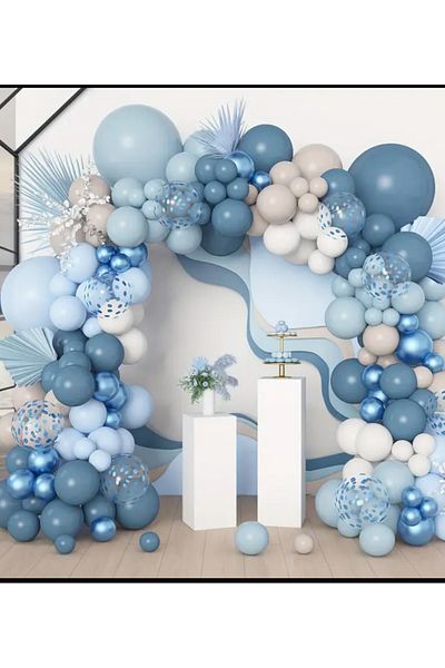 Çemrek Süs Parti Retro White Deep Ocean Blue Chrome Transparent Sequin Balloon Chain Set 103pcs Including Jumbo