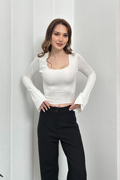 msm fashion Γυναικεία μπλούζα ισπανική μπλούζα με κορδόνια με λεπτομέρεια με λαιμόκοψη U