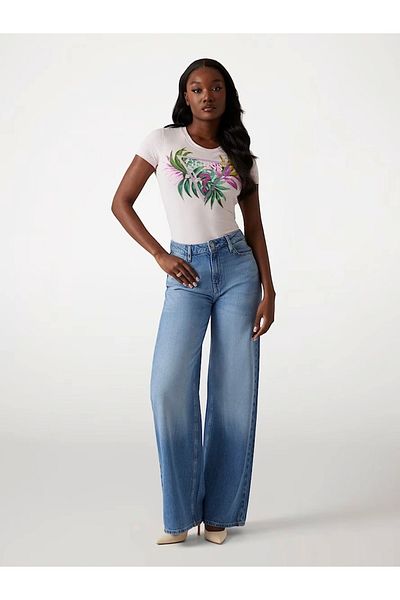 Guess Women's Pink Leaf Triangle Logo T-Shirt