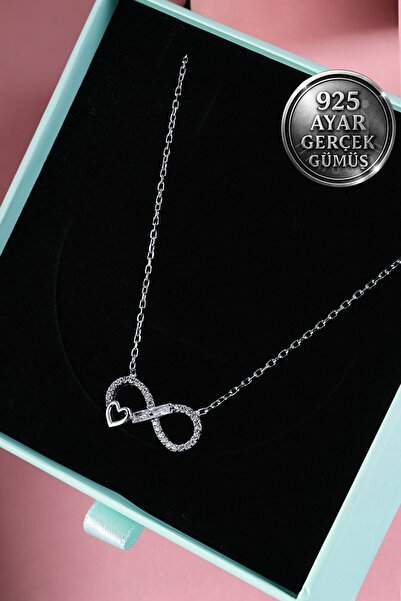 Mimodish 925 Ayar Gerçek Gümüş Sevgiliye Hediye Kalp Detaylı Sonsuzluk Aşk Kolyesi Taşlı Kadın Gümüş Kolye