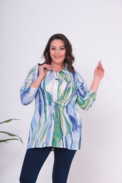 Mezure Stoned Zipper Patterned Blouse with Tie Waist Large Size