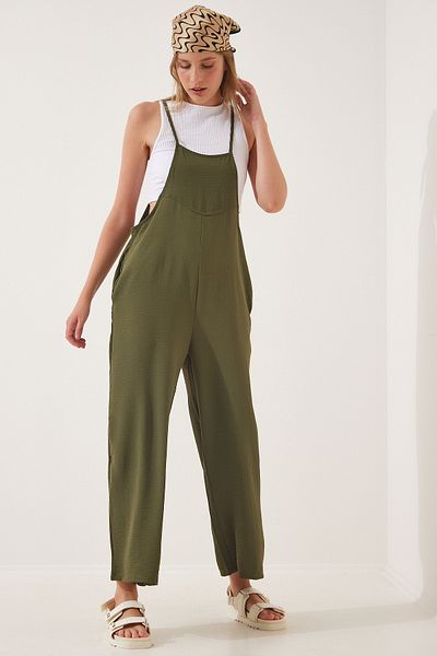 Lovelyİstanbul Pocketed Draped Gardener Overalls Khaki Ldd0002