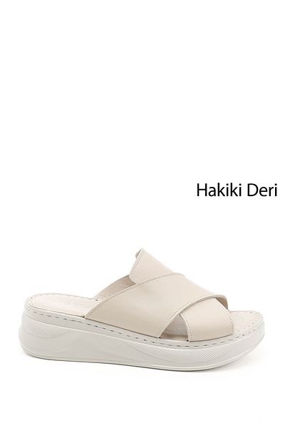 GÖNDERİ(R) Women / Girls Beige Cross-Strapped Wedge Heeled Genuine Leather Comfort Slippers