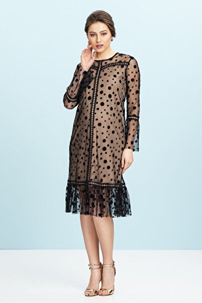 Genel Markalar Tül Kısa Abiye Hamile Elbise Siyah Puantiyeli