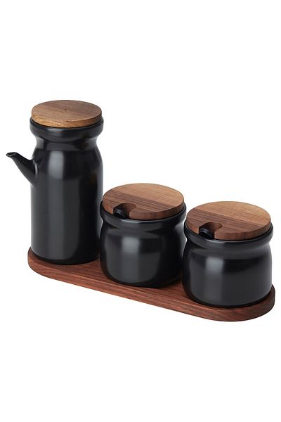 IKEA HULDHET Spice jar with tray, set of 3, ceramic/black