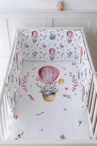 Tuğba Kuğu Baby Bedside Protector and Printed Sheet Sleeping Set - For Baby Series - Elephant in Pink Balloon