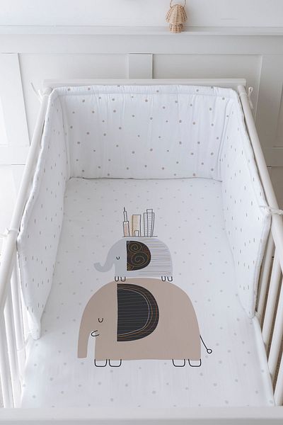 Tuğba Kuğu Baby Bedside Protector and Printed Sheet Sleeping Set - Pure Baby Series - Elephants and Houses