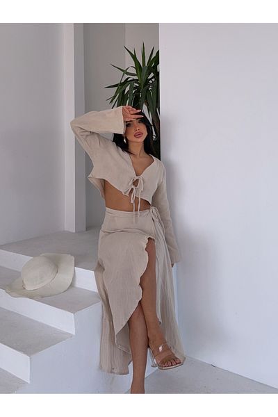 Buklemoda Beige Muslin Skirt Blouse Set