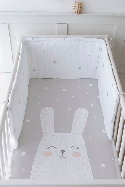 Tuğba Kuğu Baby Bedside Protector and Printed Sheet Sleeping Set - Pure Baby Series - White Rabbit with Gray Background