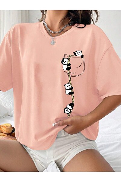 PENTHİLUS Women's Loose Short Sleeve Panda Printed T-Shirt