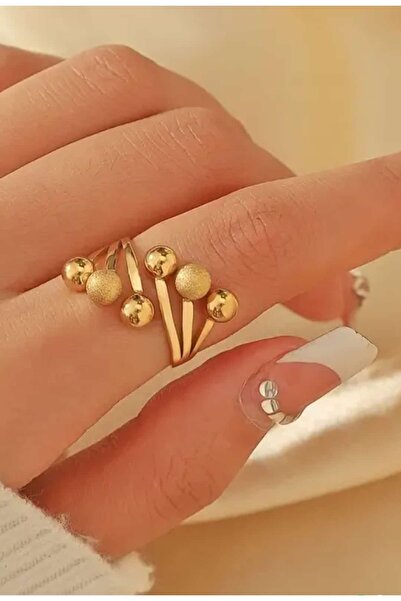 ÇEÇEN HOME Üç Küresel Boncuklu Şık Altın Tonlu Paslanmaz Çelik Yüzük