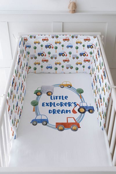 Tuğba Kuğu Baby Bedside Protector and Printed Sheet Sleeping Set - For Baby Series - Cars in the Blue Circle