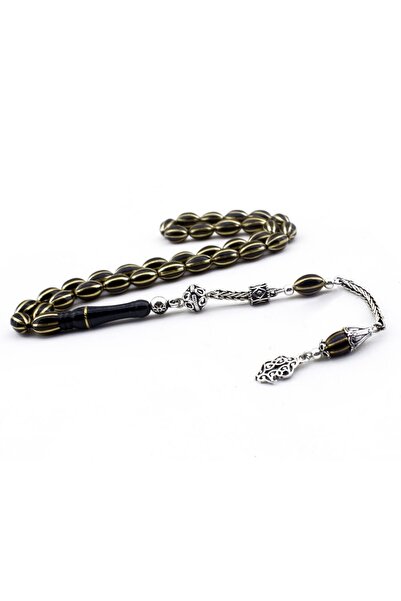 PİGADO Sarı Pirinç Işlemeli Gümüş Püsküllü Karpuz Kesim Oltu Tesbih