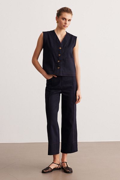 STELLA PULVIS Navy Blue Stitching Detailed Gabardine High Waist Trousers