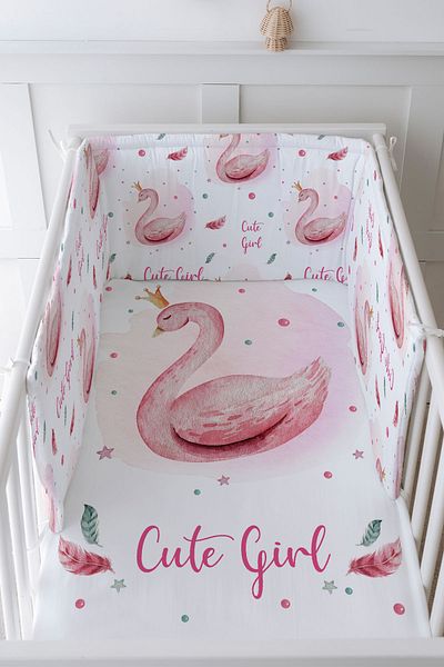 Tuğba Kuğu Baby Bedside Protector and Printed Sheet Sleeping Set - For Baby Series - Pink Swan with Pink Background