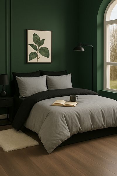 GARDEN ROOM Fitted Sheet Duvet Cover Set Gray / Black