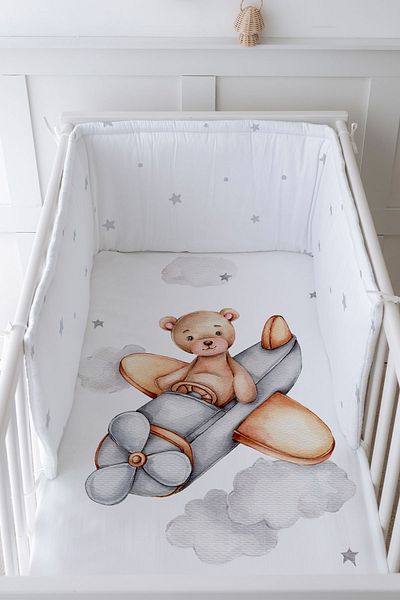 Tuğba Kuğu Baby Bedside Protector and Printed Sheet Sleeping Set - Pure Baby Series - Flying Bear