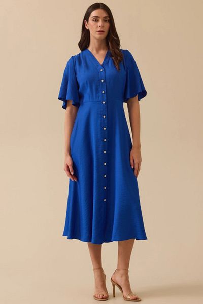 SEÇİL Women's Button Detailed Flounce Sleeve Midi Dress - Saks Blue