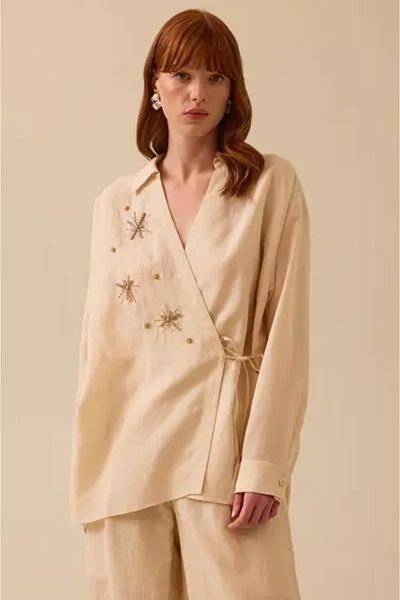 SEÇİL Beige Linen See-Through Crochet Connectable Shirt