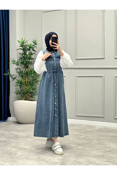 OlaLady Cămașă cu balon cu mâneci pentru femei, cu talie adunată, rochie din denim, blugi