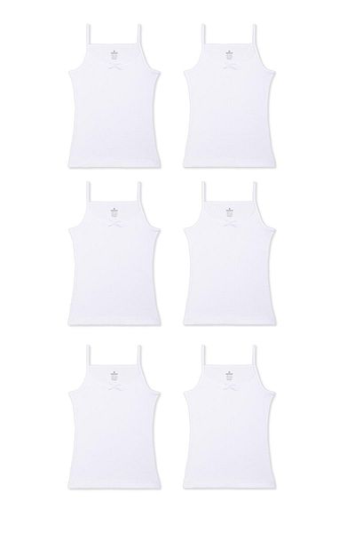 BAYKAR Girl's Cotton Thin Rope Strap Undershirt with Ribbon Detail 6 Pack 4112 White