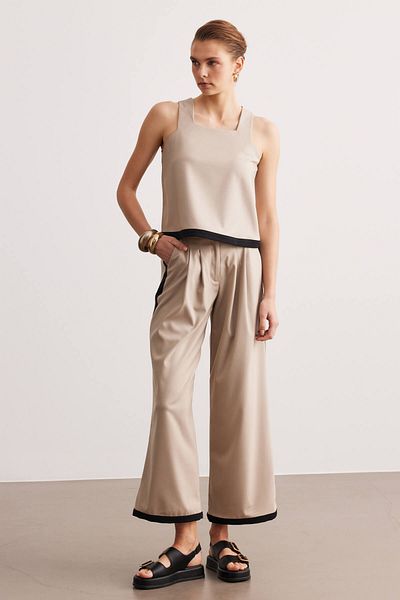 STELLA PULVIS Beige Double Pleated Garnished High Waist Trousers