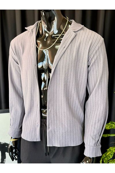 Altamira Men's Smoke Gray Striped Zr Crepe Long Sleeve Shirt