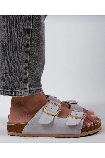 ZİESCE Women's Light Gray Nubuck Gold Buckle Double Banded Adjustable Buckle Daily Slippers