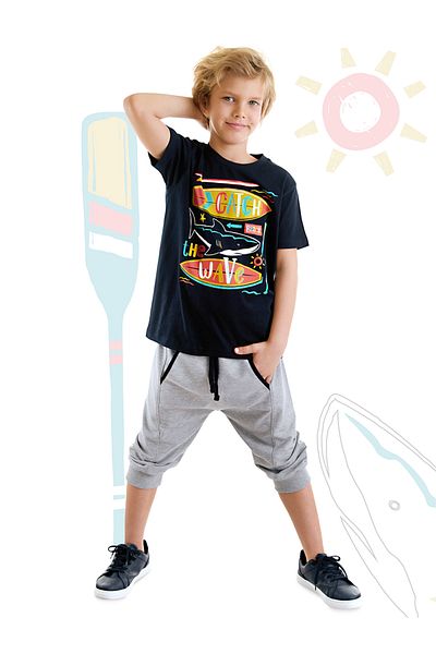 MSHB&G Catch Wave Shark Marineblaues Sommer-T-Shirt-Capri-Shorts-Set für Jungen