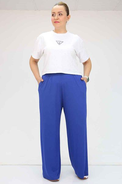 Eslina 39000 Plus Size High Waist Elastic Wide Leg Combed Cotton Trousers - Indigo