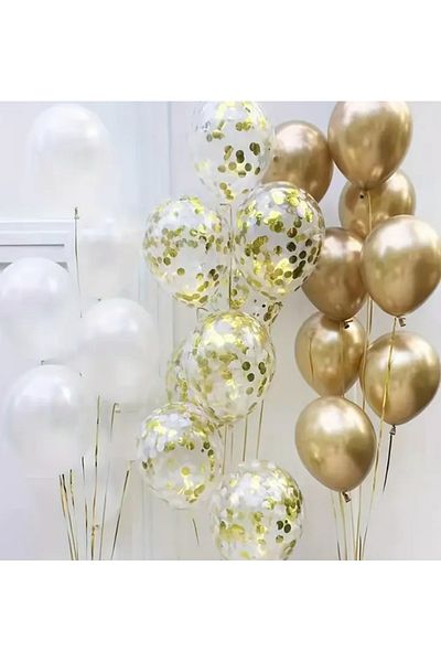 Çemrek Süs Parti Chrome Gold Transparent Sequin White Balloon Bundle 25 Pcs