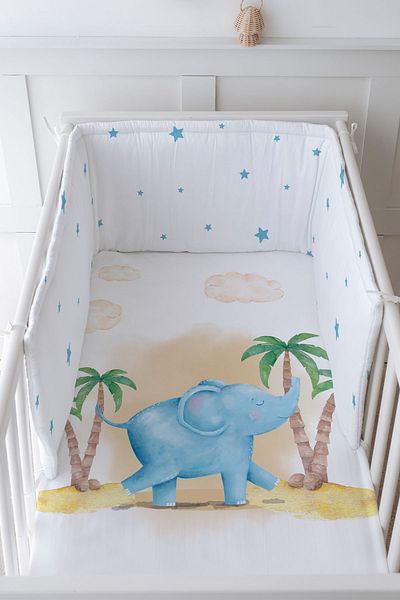 Tuğba Kuğu Baby Bedside Protector and Printed Sheet Sleeping Set - Pure Baby Series - Cute Elephant