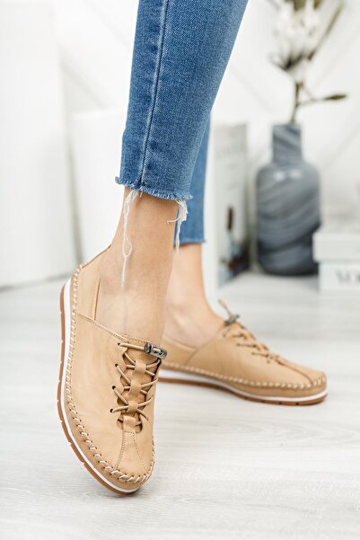 Deripabuc Genuine Leather Beige Women's Leather Ballerinas Dp16-0052