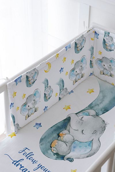 Tuğba Kuğu Baby Bedside Protector and Printed Sheet Sleeping Set - For Baby Series - Blue Elephant in the Trunk