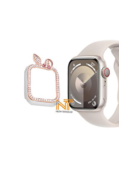 Nezih Case Apple Watch Seri 7/8/9 41mm Uyumlu Tek Sıra Kenar Taşlı Sert Pc Ka...