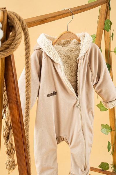 bombe Baby Kids Beige Hooded Furry Cotton Comfortable Jumpsuit Trend Fashion Jumpsuit