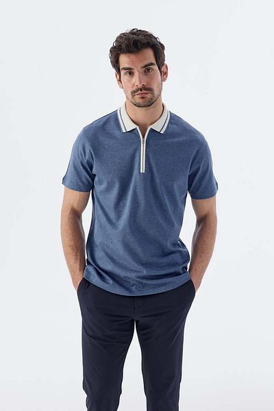 Jakamen Μπλουζάκι με γιακά πόλο μπλε Slim Fit με φερμουάρ 100% βαμβάκι