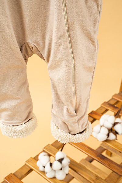 bombe Baby Kids Beige Hooded Furry Cotton Comfortable Jumpsuit Trend Fashion Jumpsuit