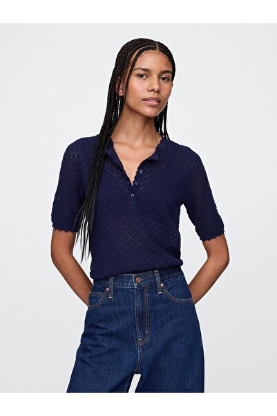 GAP Kadın Lacivert Keten Karışımlı Pointelle Kazak
