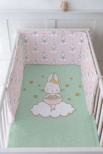 Tuğba Kuğu Baby Bedside Protector and Printed Sheet Sleeping Set - For Baby Series - Pink Ballerina Rabbit