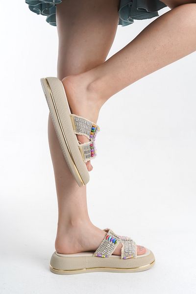 MARSEDO Dawn Women's Daily Stone Detailed Thick Heel Slippers Beige