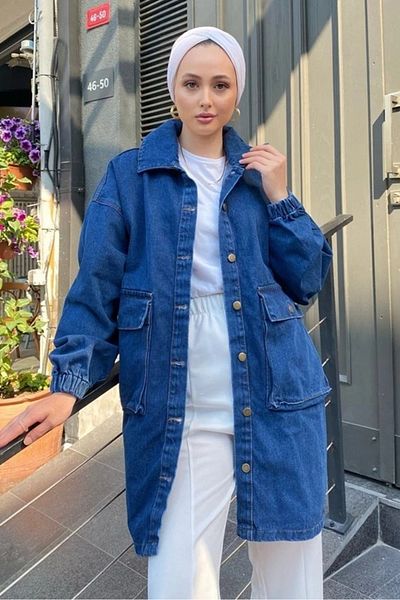 Bestenur Τζιν μπουφάν Oversize με τσέπες 1435 - Μπλε